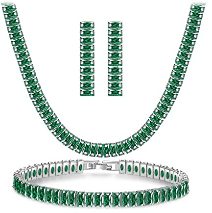 Brautschmuck Vintage Set, Schmuckset Silber Modern Rechteckiger Zirkonia Grün Halskette Ohrring und Armband Schmuck Set Damen Modeschmuck