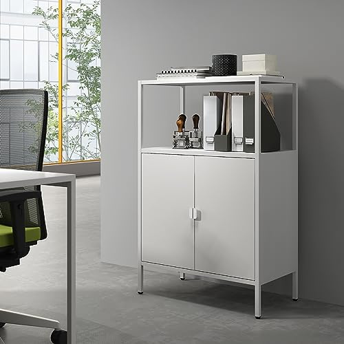 [en.casa] Armadio a 2 Ante e Ripiano Interno Regolabile in Altezza Armadio da Ufficio con Scomparto Aperto Mobile in Acciaio per Archivio 110 x 70 x 40 cm - Grigio chiaro
