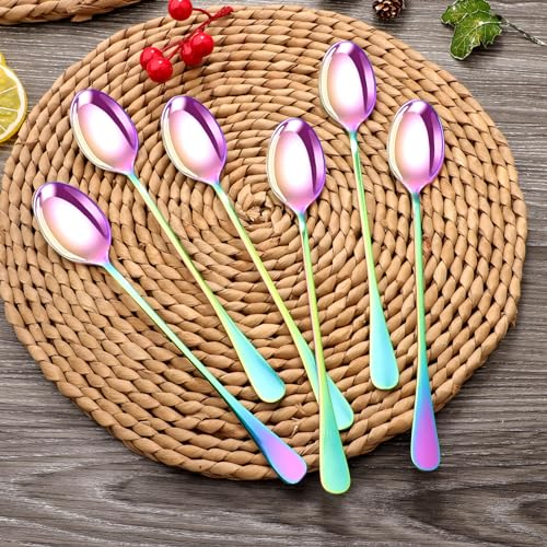 PEBBLE HUG 6 Pcs Rainbow Long Handle Latte Iced Tea Spoon, Coffee Spoon, Ice Cream Spoon, Stainless Steel Cocktail Stirring Spoons(Set of 6)