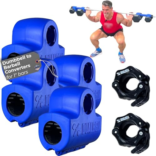 Blue DUALBELL Superset for 1” bar and black weight collars- Home gym dumbbell to barbell adapters - Connect Dumbbells to 1” standard diameter bar to replace weight plates- holds up to 100lb dumbbell
