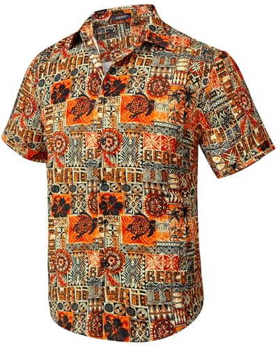HISDERN Camisa Hawaiana para Hombre Manga Corta Verano Funky Aloha Hawaii Camisas Casual Floral Camisa de Playa Shirts Negro/Naranja M