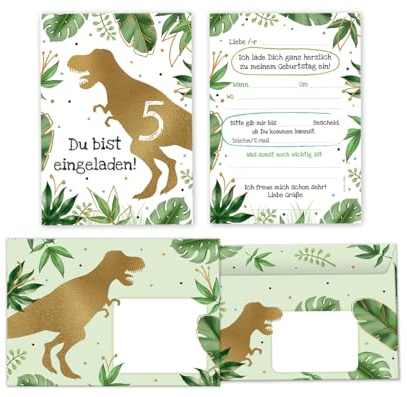 Minkocards 12 Einladungskarten zum 5. Kindergeburtstag Junge Dino Dinosaurier incl. 12 Umschläge Einladungen fünfte Jungsgeburtstag