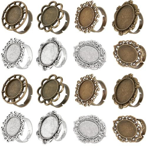 SUNNYCLUE 16 Stück 8 Stile Verstellbare Rohlinge Für Ringe Großpackung Mit Lünettenring Rohlingen Antik Silber Bronze Cabochon Fassungen Blume Flach Rund Vintage Fingerringe Komponenten Für Frauen DIY