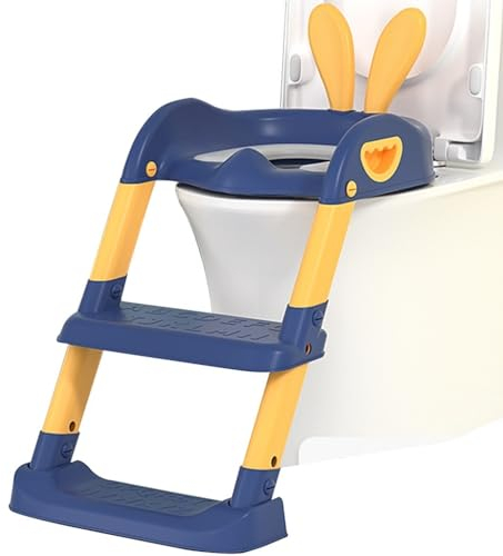 Toiletten-Trainingssitz Toilettensitz Mit Treppe Süße Treppe Für Jungen Und Mädchen In Hasenform Toilettentrainer, Verstellbar Und Faltbar, Belastbar 80kg (Color : Blau, S : 37 * 48 * 39cm)