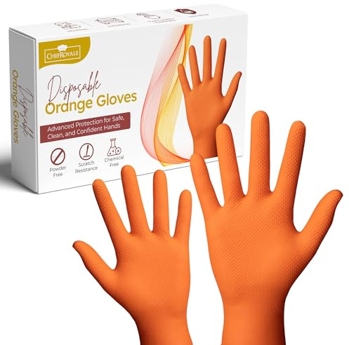 CHEF ROYALE (50, Medium Orange Nitrile Gloves - Unisex Disposable Gloves - Heavy Duty Protection for Gardening, Mechanics, Cleaning, and More | Thorn Proof, Waterproof, Latex-Free (50, Medium)