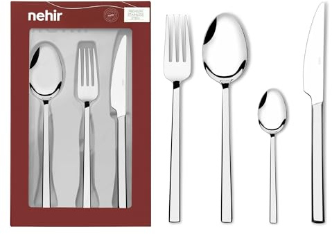 Modernt bestickset, gaffel – kniv – sked – kaffesked/dessertsked, av rostfritt stål, 16 delar bestick av stål, bestick för 4 personer (rostfritt stål bestick-kaffesked)