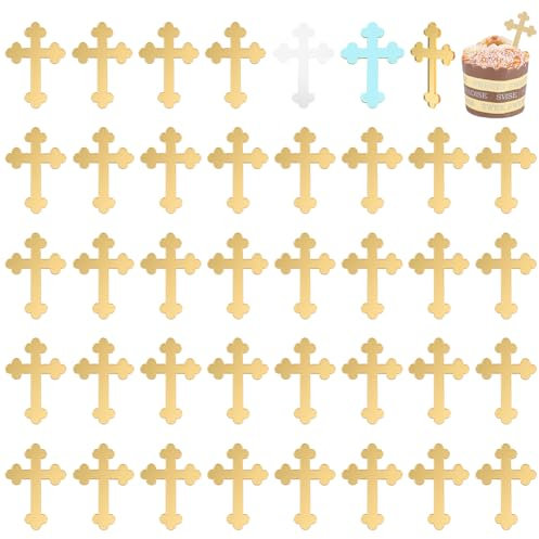 FINGERINSPIRE 40Pcs Décoration de Gâteau en Forme de Croix Acrylique Miroir Doré Décoration de Cupcake en Croix Breloque de Gâteau en Croix pour Baptême Célébration Religieuse Douche de Bébé Mariage