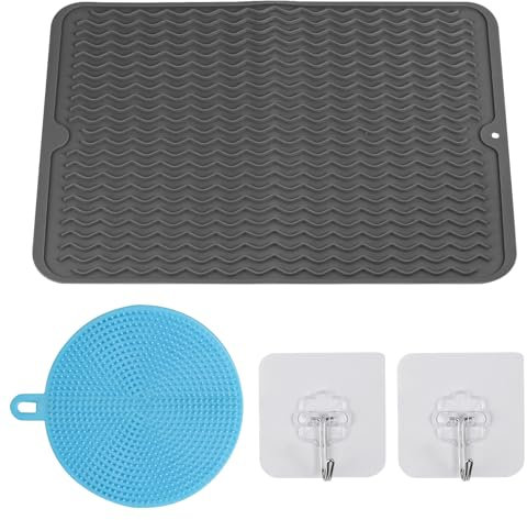 Tappetino Scolapiatti in Silicone, 40 x 30 cm Tappetino Lavello Cucina, Sgocciolatoio per Lavello, Tappetino Sgocciola Piatti da Lavandino Antiscivolo per Lavello Tovaglietta, con 2 Ganci 1 Spazzola