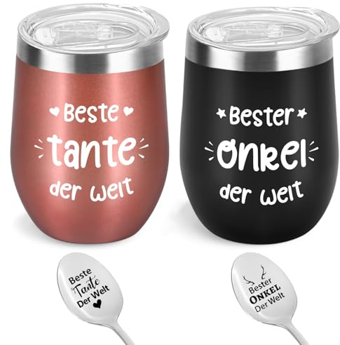 Livole Zia e zio regalo di Natale, tazza con scritta, miglior regalo di zia, miglior zio, set regalo, regalo per zia 2 cucchiaini da caffè con incisione, 350 ml