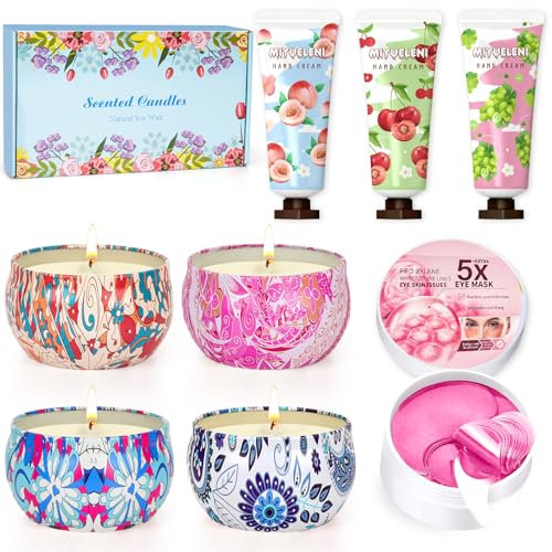 Coffret Cadeau Femme,60 Pcs Patch Yeux Anti Cernes+ 4 Bougies Parfumées+ 3 Crème Mains,Cadeau Noel,Cadeau Personnalisé,Idée Cadeau Unique Pour Femme,Cadeau d'Anniversaire