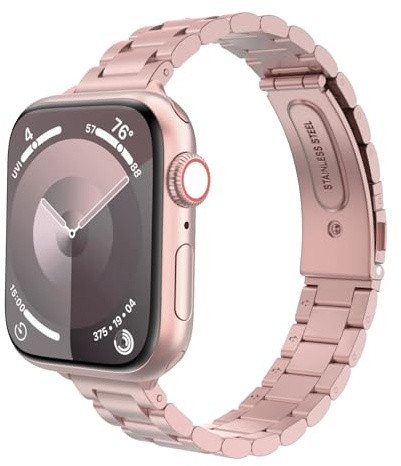 MoKo Slim Metal Band Compatible with Apple Watch Series 11/10 42mm, 9/8/7 41mm, SE3/SE2/SE/6/5/4 40mm, 3/2/1 38mm, Stainless Steel Thin Band Replacement Strap iWatch Wristband for Women, Rose Pink