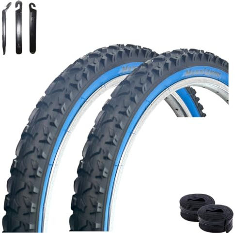 2 x maxxi4you HY-A109 Fahrradreifen Schwarz/Blau 54-507 (24 x 1,95) + 2 x passende Schläuche AV inkl. maxxi4you Reifenheber