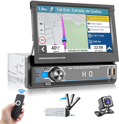 Hikity 1 Din bilradio med 7 tums manuellt infällbar pekskärm radio med utdragbar skärm Bluetooth med knapp/2 USB/SWC/FM radio/AUX/TF/Type-C laddning/MIC med spegellänk bakkamera