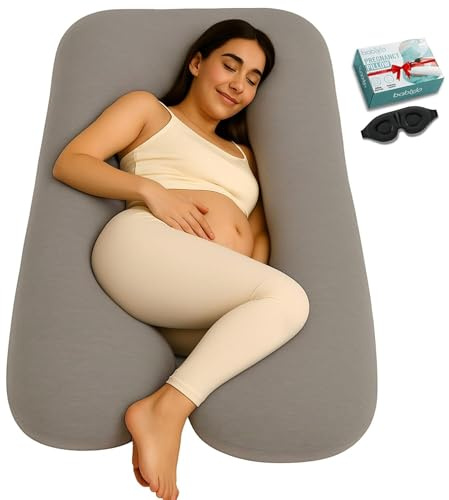 U-Shaped Pregnancy Pillow – 100% Cotton Cover, Full Body Maternity Support for Belly, Back and Legs – Bonus Eye Mask and Gift Box (Dark Grey)