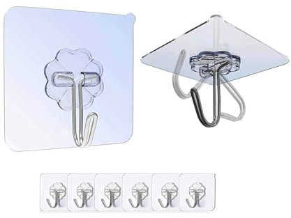 Mr. Gadget's Solutions Ganchos de pared resistentes (paquete de 6) - Ganchos adhesivos transparentes para cocina, baño, oficina - sin taladrar, impermeables, reutilizables, inoxidables, soportan hasta