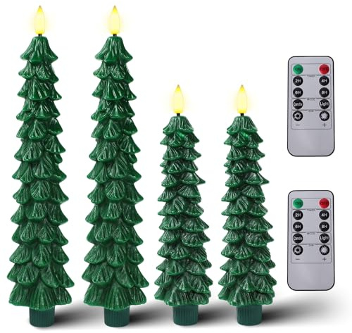 CHUANGLI 4 Pcs Christmas Flameless Candles with Remote, Real Wax Flickering LED Candles Xmas Taper Candle Christmas Tree Shaped for Home Décor Christmas Decoration
