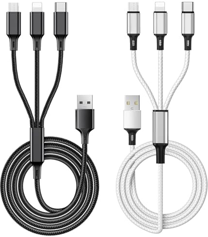 2 Pcs Multi Charger Cable,3A 3 in 1 Fast Charging Cord,1.2M Nylon Braided Multiple USB Cable with iP Micro USB Type C Cable Connector for iPhone Android Samsung,Tablet,Huawei,LG