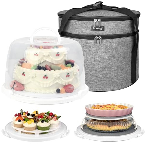 Arineng Runde Kuchenträgerbox mit Deckel und Griff, isolierte Transporttasche für Kuchen, Cupcakes und Kuchen, dreifach verschließbares Design für sicheren Transport (Grau, 30,5 x 30,5 x 20,1 cm)