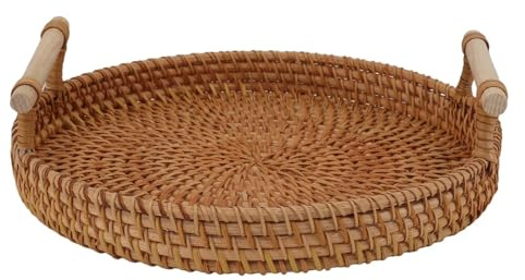 HYQOUKLR Plato para juego de té, Exquisita bandeja redonda tejida a mano con asas de madera maciza for almacenamiento y exhibición.(22x3CM)