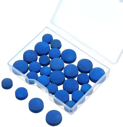 XLIUAX 32Pcs Cue Tips, Blue Leather Pool Stick Tips Snooker Cue Replacement Tip Billiard Tip with Storage Box for Pools Cues Snooker