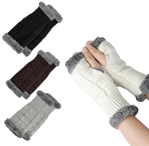 GAOUTO 4 Paar Fingerlose Handschuhe Damen, Strick Handschuhe Ohne Finger mit Futter, Unisex Winter Warme Pulswärmer Armstulpen, Halb Fingerhandschuh Pulswärmer, Handstulpen für Radfahren