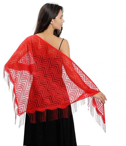 Tmboryuu Popolare Ondulato Frange Pizzo Spalla Wrap Per Damigella D'Onore E Occasione Formale Con Nappe Dettagliare Hollowout Scialle Abito Da Sera, Rosso, Taglia unica