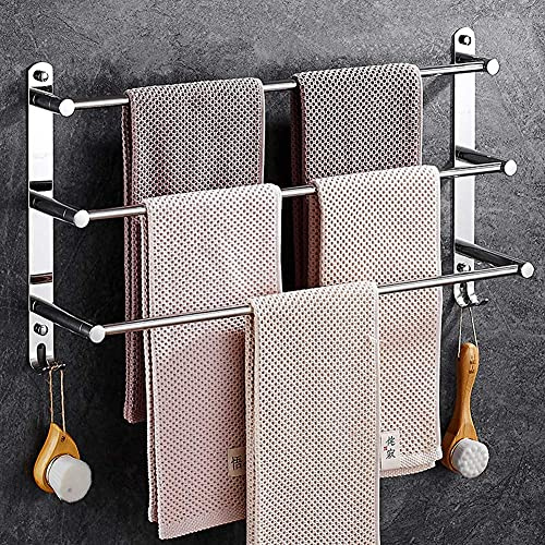 3-Tier Chrome Towel Rack - Wall Mounted Stainless Steel Towel Holder with Hooks Retractable Towel Bar for Bathroom Kitchen Hotel Office - 40-60cm Adjustable Length