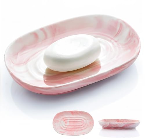 Seifenschale Keramik, Anti-Rutsch Seifenschale Marmor, Seifenablage Waschbecken, Seifenhalter, Seifenteller für Badezimmer, Dusche und Küche (Rosa)
