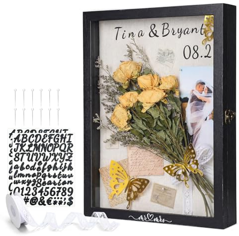 Yookeer 12 x 16'' Large Shadow Box Wedding Flower Display Case Picture Frame with Linen Memorial Keepsake Shadow Box Dried Bouquet Flower Decor DIY Kit Gift for Keepsakes Photo Memory Frame(Black)