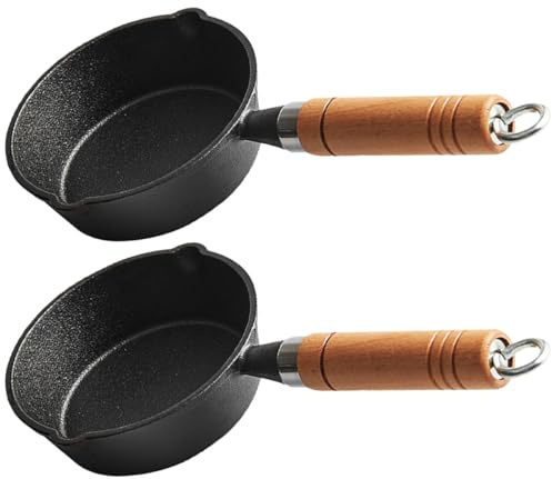 BESPORTBLE Lot de 2 Mini Casseroles en Fonte Noire, Petite Casserole à Sauce 150 Ml avec Poignée en Bois, pour Verser L'huile et Chauffer Beurre, Ustensile Cuisine Compact Barbecue et