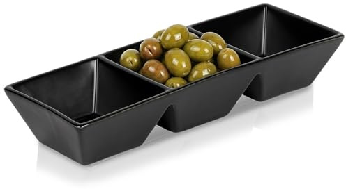 Vilde Snackschale mit 3 Fächern Keramik 29 cm Servierschale für Schwarz | Dips Antipasti Oliven Nüsse länglich spülmaschinengeeignet