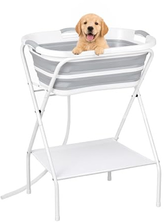 M.J COMFY-LIFE 2 in 1 Elevated Dog Bathtub Washing Station, Foldable Portable Pet Bath Tub with Drain Hose and Storage Shelf, Collapsible Grooming Shower for Small Dogs Cats, Indoor Outdoor Use