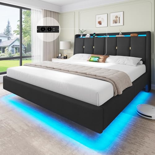 Brinlawb Polsterbett 180x200 cm Schwebebett mit LED-Beleuchtung und Ladestation (2 Steckdosen + 2 USB) Doppelbett 180x200 mit gepolstertem, angenehm geneigtem Kopfteil (klappbar, mit Stauraum) Grau