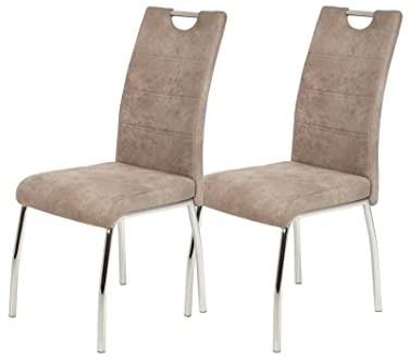 Hela Tische, 2er Set Esszimmerstuhl Küchenstuhl Susi, Mikrofaser Vinatge Beige, Metallgestell + Griff Chrom