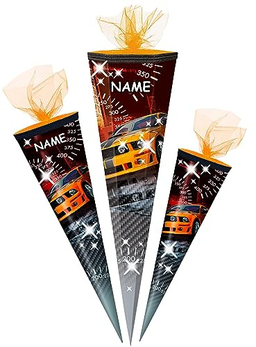 alles-meine.de GmbH Schultüte - Auto - Rennwagen/Sportwagen - 85 cm - eckig - incl. Name - Tüllabschluß - Zuckertüte - mit/ohne Kunststoff Spitze - Markneukirchen - Junge..