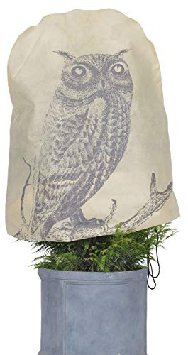 AFP Winterschutz Vlieshaube Eule Vintage, beige, 110 x 110cm, 50g/qm Gartenvlies atmungsaktiv, Bedruckt - Pflanzenschutz Winter/Frostschutz Pflanzen/Gartendeko/Kordel / 2 Jutesäckchen gratis