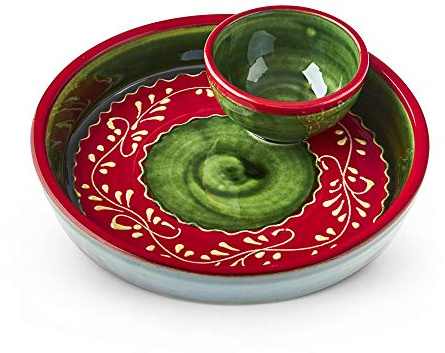 Olive Plate with Mini Bowl. Handmade and Hand Painted in Cordoba, Spain (Red Plate with Green Circle and Rim, Fern Pattern. 7)