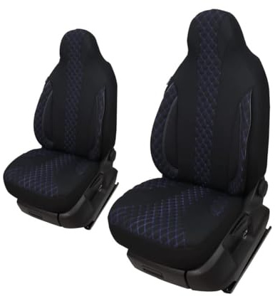 Maß Sitzbezüge Schonbezüge Pilotsitze Fahrer & Beifahrer Set kompatibel mit Wohnmobil FIAT Ducato, Pössl, Knaus, Adria, Carthago, Pilote Laika WPL406 Schwarz/Blaue Naht
