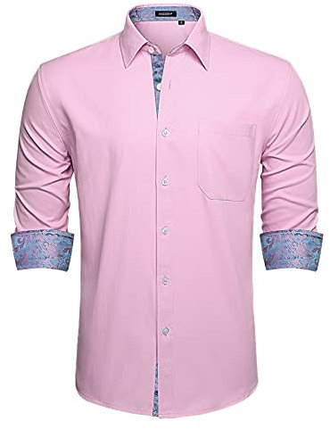 HISDERN Men's Dress Shirts Fashion Slim Fit Long Sleeve Pink Wedding Shirt Casual with Pocket