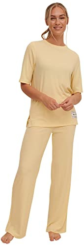 NA-KD Pantalones Acanalados con Detalle de Parche, Vainilla Francesa, Mediana