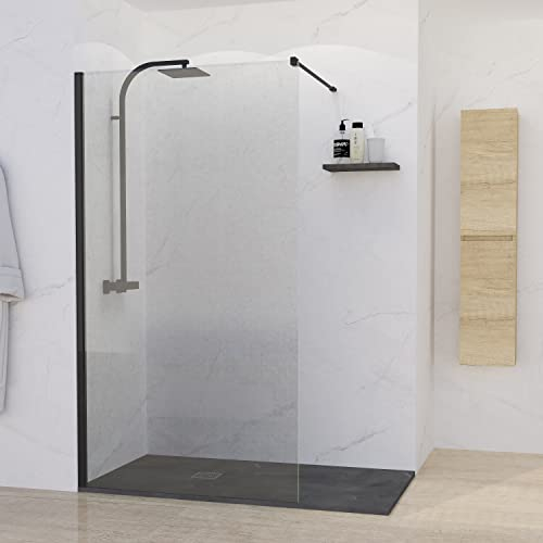BAIKAL Mampara de Ducha. Panel Fijo de 100cm. Perfil Negro Mate. Cristal Transparente Templado 8mm de espesor. Tratamiento Antical. Alto 195 cm. Brazo adaptable 60-100cm.