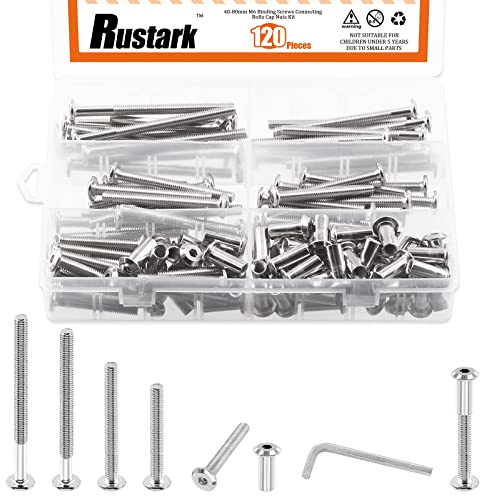 Rustark 121Pcs M6 x 40mm/50mm/60mm/70mm/80mm Furniture Joint Connector Bolt & Cap Nut Assortment Kit Flat Hex Socket Cap Allen Bolts Screw Posts for Furniture Chair Crib Belt Leather Binding