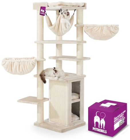 Petrebels Kratzbaum Ramses 158 cm hoch, Katzenkratzbaum mit Hängematte, Farbe Beige/Creme