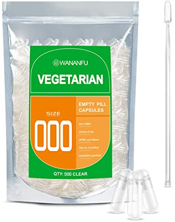 WANANFU Cápsulas Vacías Vegetales Tamaño 000 (500 piezas) con microcuchara, apto para llenado de cápsulas tamaño 000