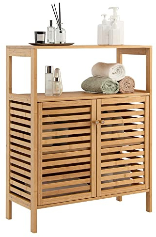 COSTWAY Mobile da Bagno in Bambù, Armadietto da Bagno con Ripiano Aperto e Doppie Porte, Ripiano Rimovibile, per Bagno, Soggiorno, Cucina, Ingresso, 64 x 27,5 x 80 cm