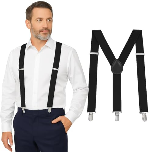 Black Suspenders for Men Heavy Duty - Adjustable 1” Y-Back Men's Suspenders for Dress Pants | Strong Metal Clips, Durable Elastic Straps, Leather Reinforcement - Comfortable, Formal, Everyday Wear