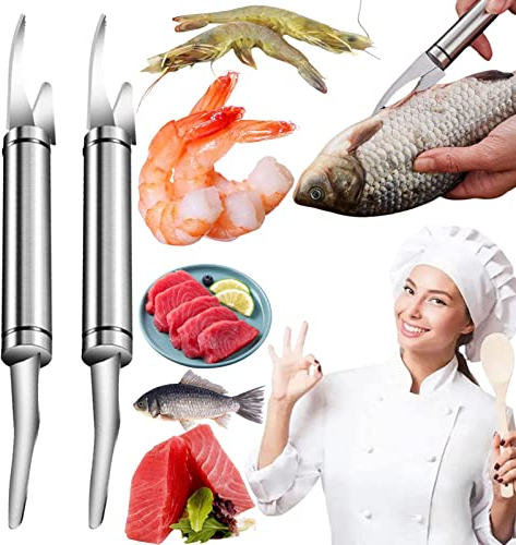 Demiawaking Couteau À Gueule De Poisson Multifonctionnel 5 en 1, Outil pour Éplucheur et Déveiner les Crevettes, Écailleur à Poisson de Acier Inoxydable, Couteau Poisson (2 Pcs)