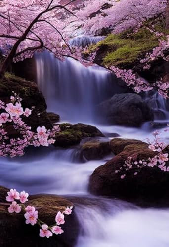 Tableau en bois 70 x 100 cm : cascade avec cerisier fleuri comme fleur de sakura dans la forêt. Représentation 2D (191675097)