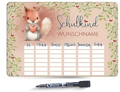 PR Print Royal Abwischbarer Stundenplan magnetisch inkl. Stift - Eichhörnchen - mit Name personalisierbar - Einschulungsgeschenk - Geschenk zum Schulanfang - Metallschild A4 mit abwischbarem Stift