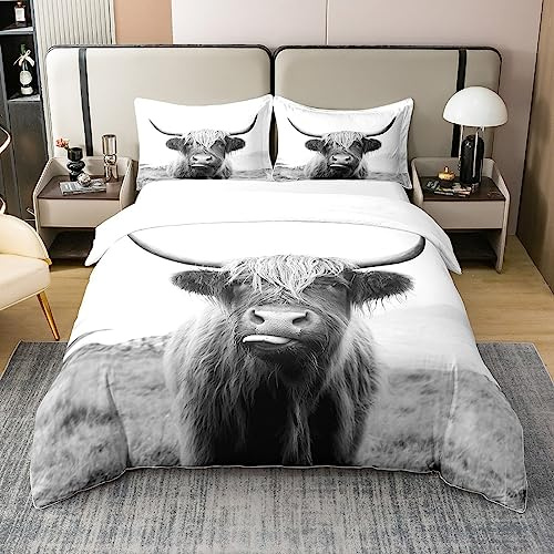 Biancheria da letto in 100% cotone lavato Highland mucca per cowboy cowgirl,set di biancheria da letto 200 x 200, divertente e carino mucca consolatore, set da letto con 2 federe